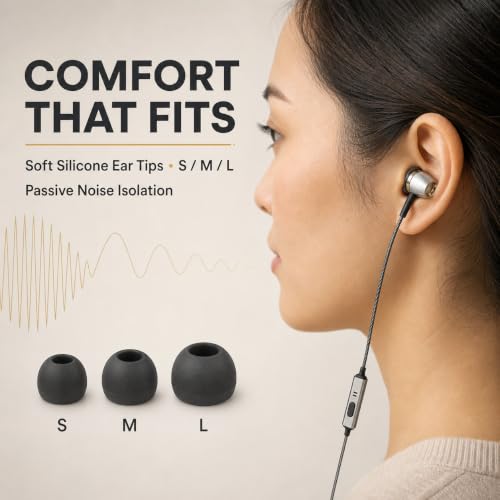 Betron AX3 in-Ear Wired Earphones with Mic, 3.5mm Jack, Silver | Aluminium Body, Noise Isolating , 1.2 m Tangle-Free Cable, Carrying Case Included, for Phones, Laptops & Tablets
