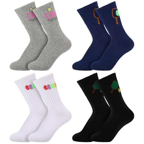 4 Pairs Dink Ball Crew Sock for Men Performance Athletic Multiple Designs Colors Novelty Cotton Socks Sports Gift for Running Sports Accessories Dink Ball Lovers
