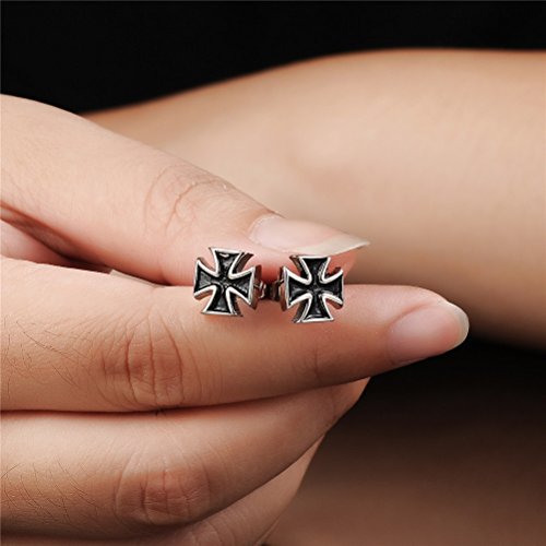PAURO Jewelry Men's Stainless Steel Vintage Cross Stud Earrings, Silver and Black4