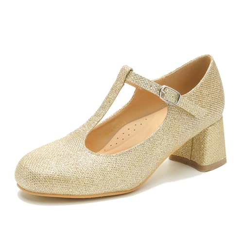 LIURUIJIA Women's T-Strap Low Chunky Heels Mary Jane Pumps Round Closed Toe Comfy Dress Shoes for Women