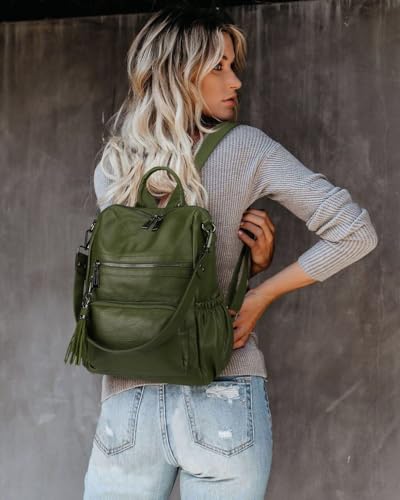 Image of Uromee Backpack Purse for Women Vegan Leather Ladies Fashion Travel Tassel Shoulder Bag Convertible Green bag