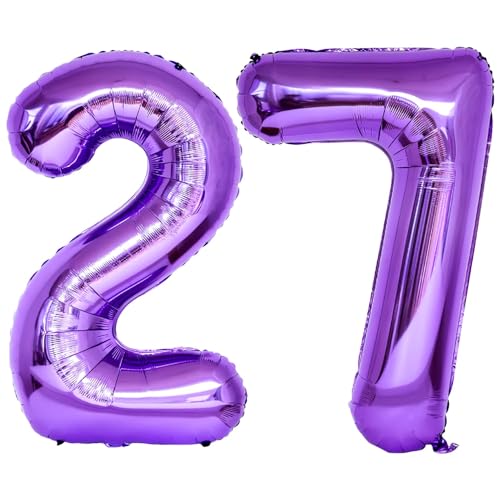 Image of Number 27 Purple Balloons 40 Inch Giant Purple Foil 27 Helium Balloons for 27th Purple Birthday Party Supplies 27th Anniversary Events Decorations