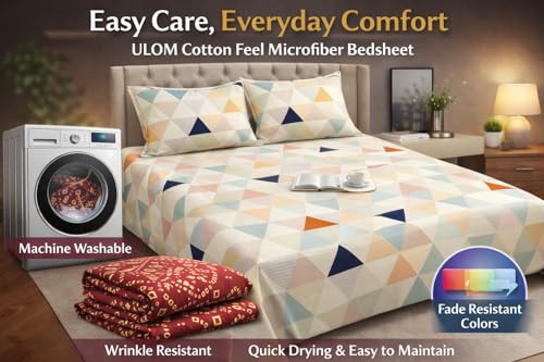 Image of Cotton Feel King Size Flat Bedsheet for Double Bed (90 x 100 Inches | 230 x 250 cm) with 2 Pillow Covers | Soft & Smooth Printed Bedsheet for Daily Use (White Geometric, King Bed-90x100)