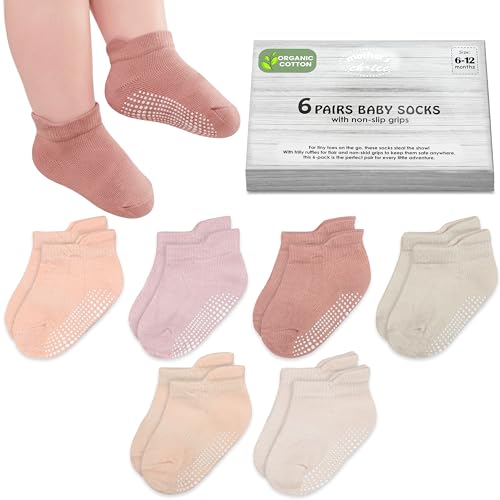 Mother's Choice Organic Cotton Ankle Baby Socks 6–12 Months – 6 Pairs, Soft Breathable Non-Slip Socks for Baby Boys & Girls with Anti-Skid Grip