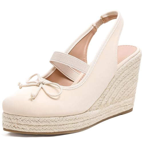 Women's Wedge Heel Canvas Sandals with Closed-Toe Design, Elastic Ankle Strap & Bow Accent, Summer Casual Dress Shoes for Comfortable Outdoor Wear