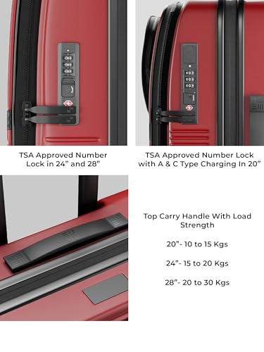 Image of EUME Aerotop Cabin, Checkin Medium & Large Trolley Bag Set of 3 | Space Saving Top Open Suitcase | Expandable Hard Polycarbonate Luggage | TSA Lock, Anti Theft Zipper, Silent Wheels | Carmine Red