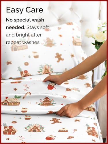 King Gingerbread House Sheet Set - Holiday Xmas Pattern Bedding Set - Deep Pockets - Snug Fit - 4PC - Wrinkle Free & Easy Care - Comfy Festive Winter - Holiday Sheets for Women, Men, Kids & Teens