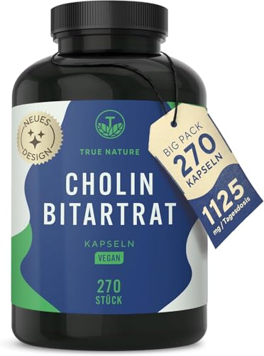 Cholin Bitartrat Kapseln - 1125mg pro Portion - 270 Kapseln - hochdosiert - 3 Monate Vorrat - Für Leber Homocystein & Fettstoffwechsel (EFSA)* - Vegan Deutsche Produktion - TRUE NATURE