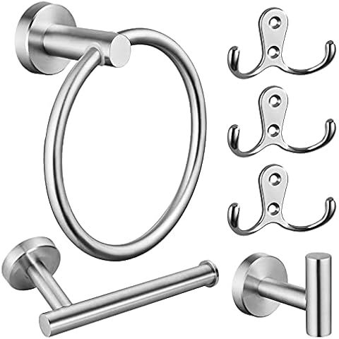 6 Piece Bathroom Hardware Set,PLUSSEN 304 Stainless Steel Hand Towel Ring, Robe Towel Hook, Toilet Paper Holder and 3 Pack Heavy Duty Double Prong Coat Hooks,Wall Mount Cover