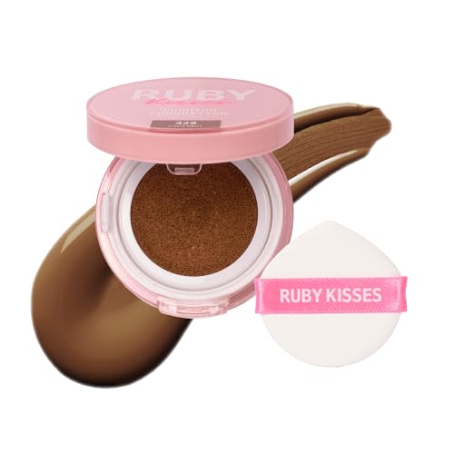 Ruby Kisses Cushion Foundation, Full Coverage Korean Makeup, Lightweight & Long Lasting, All Day Natural Glowy Finish for All Skin Types with Hyaluronic Acid & Bakuchiol (Chestnut, 0.52 Ounce)