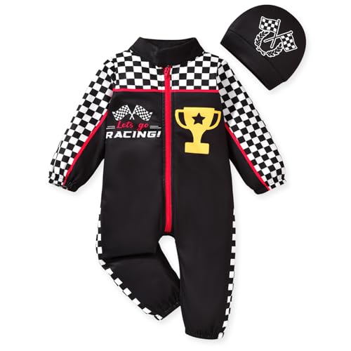 Image of KOZBY 0-24 Months Baby Boy Romper Race Car Outfit Infant Long Sleeves Zipper Jumpsuit
