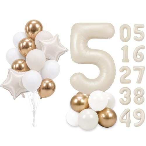Image of PartyWoo Beige Number 5 Balloon 40 Inch 25pcs White Sand Foil Star Gold | Foil Number Large Gaint Jumbo Balloons for Birthday Bridal Baby Shower Graduation Wedding Anniversary Party Decorations