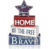 Huquary 4 Pcs Farmhouse 4th of July Patriotic Table Sign Independence Day Table Wood Decorations Patriotic Themed Rustic Farmhouse Wood Block Sign for Party Home Desk (Retro Star)