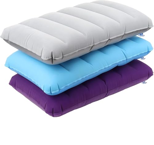 Inflatable Flocking Cushion Soft Blow-Up Travel and Camping Pillow Ultralight Compressible Air Pillow Waterproof Beach Hiking and Picnic Cushion (3Pcs Purple light blue gray)