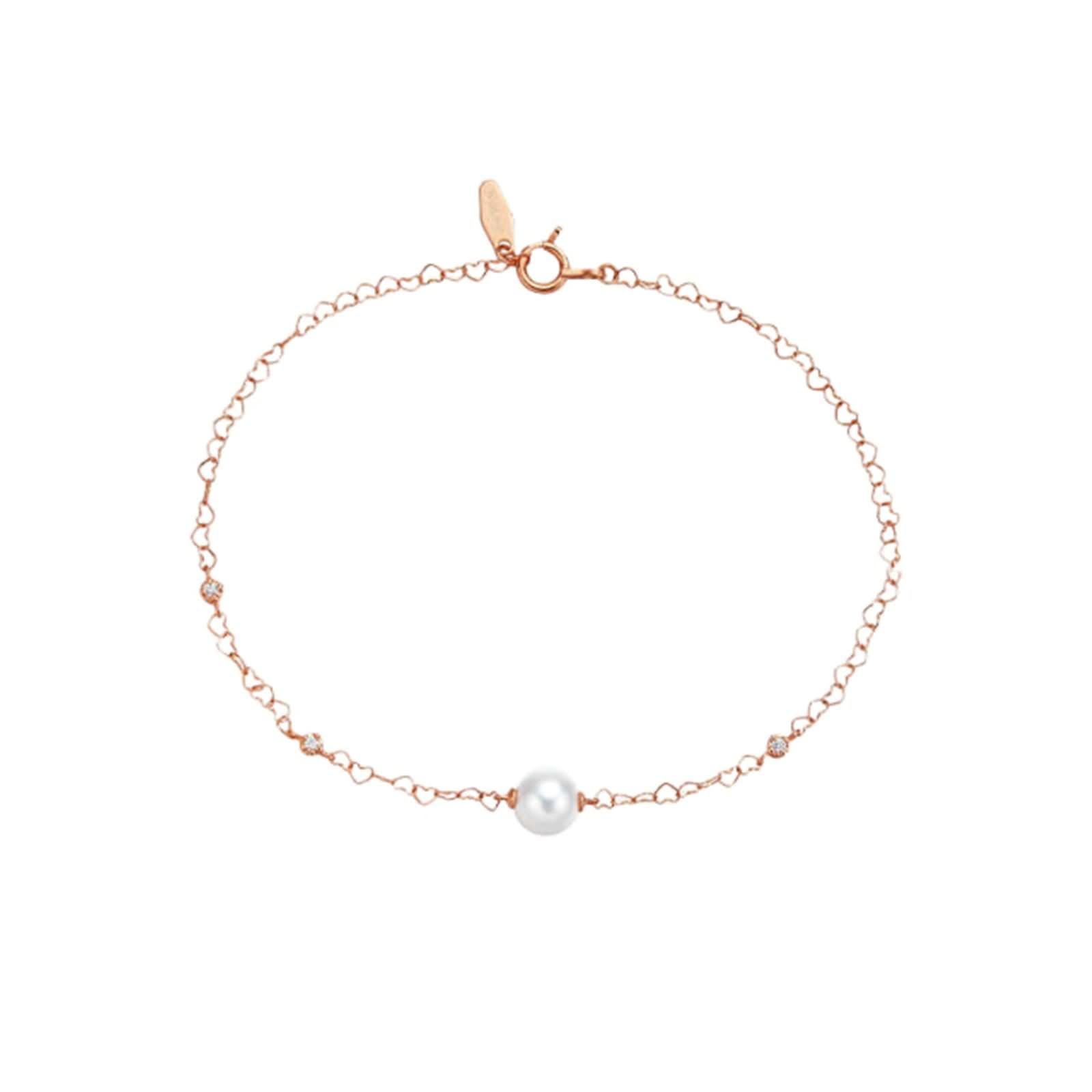 Pulseras Oro Rosa Mujer 9 Kilates / 14 Kilates / 18 Kilates, Corazón Hueco y Perla de 5,5-6 MM con Diamante, Cadena 16 CM, Pulseras de Mujer de Oro Rosa