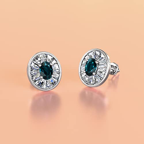 Oval Cut London Blue Topaz & Baguette Natural Diamond 1.22 Ctw Women Milgrain Halo Stud Earrings 14K White Gold #TOP1