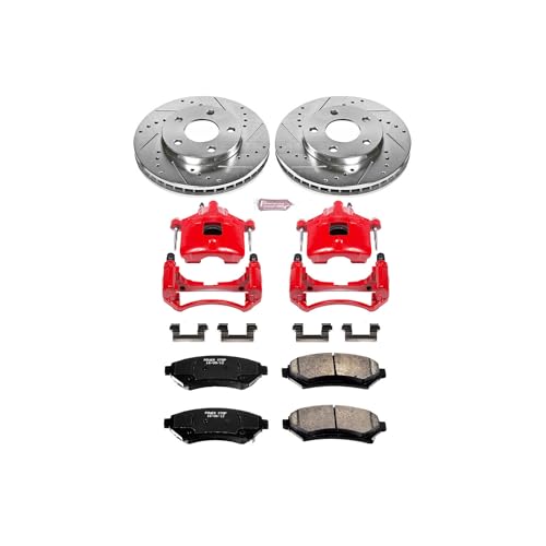 Image of PowerStop Front Brake Kit for Buick Century 1997-05 |LeSabre 2000-05 |Regal 1997-04 - Carbon-Fiber Ceramic Brake Pads + Drilled & Slotted Rotors + Red Powder Coated Calipers, KC2553