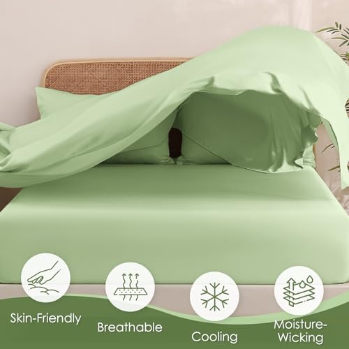 Image of MICORAL Queen Sheet Set, Rayon Derived from Bamboo Cooling Sheets for Queen Size Bed Set, Breathable & Soft, Deep Pocket Up to 16 inch, Hotel Luxury Silky Bedding for Hot Sleepers, Sage Green