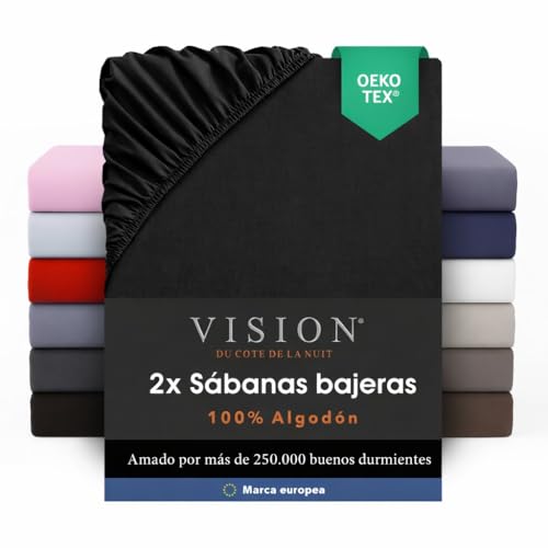 Vision Sábana bajera – 100% algodón cama individual (90 x 200 cm) – Lote de 2 piezas – Negro | Esquinas elásticas | Tejido apretado: 57 hilos | Apto para colchones de hasta 30 cm | Cómodo |