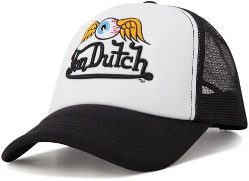 Image of Von Dutch Monogram Trucker Cap - Retro Snapback Cap for Men and Women - Adjustable Snap Fit Panel, Mesh Rear, Curved Bill