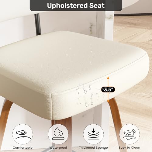 Image of Swivel Bar Stools Set of 2, 26 inch Upholstered Faux Leather Counter Height Barstools with Walnut Back & Bentwood Legs, Mid Century Modern Bar Chairs Island Stools for Kitchen Counter, Cream White