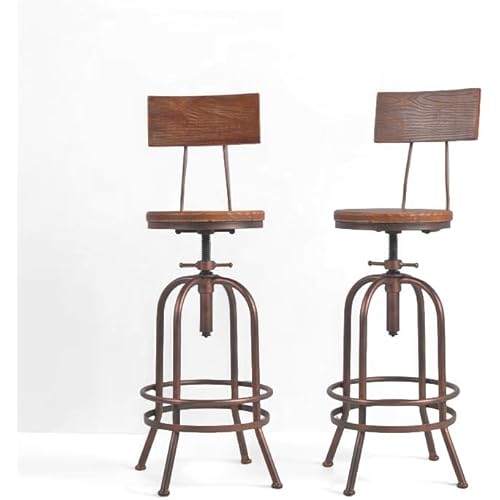 Set of 2-Industrial Bar Stools-Swivel Wooden Seat-Bar Counter Height Adjustable 26-32.2inch-Kitchen Dining Chairs