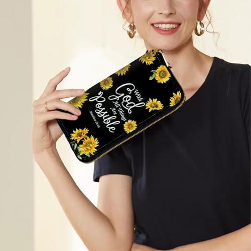 Image of Women's Wallets,Credit Card Holder Money Leather Long Wallet with Wristlet,Large Capacity with Zip-Around Phone Purse for Women Ladies Girls,Sunflower Matthew 19:26
