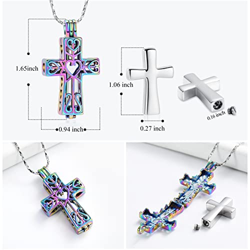 QGJNSGC Cremation Urn Memorial Pendant Necklace Heart Cross Cylindrical with Hollow Jewelry Ashes Keepsake Memorial Urn Jewelry Necklace (Rainbow) - Image 2