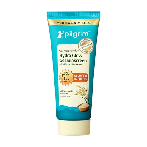 Pilgrim 5% Niacinamide Hydra Glow Gel Sunscreen SPF 50+ PA++++ with Korean Rice Water | New Gen UV Filters | Broad Spectrum Protection | Lightweight Gel | Hydrated Glowing Skin | All Skin Types | No White Cast | For Men & Women | 50ml