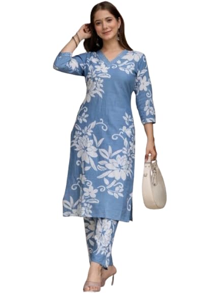 Image of Women's Floral Printed Cotton Blend 3 /4th Sleeve Knee Length V-Neck Kurta and Pant Set for Women (Pack Of 1)