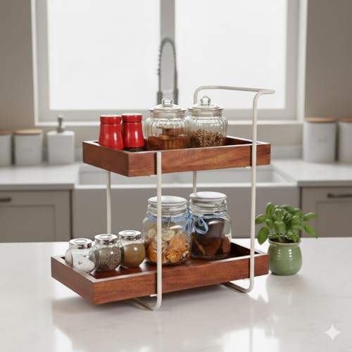 Image of Woodnest Wooden kitchen Organizer Shelf with 2 Spacious Compartments, Easy Kitchen Grocery Organiser, Organizer, Kitchen Spice Racks and Storage, Ivory & Brown,1Pc - (44L x 23W x 41H cm)