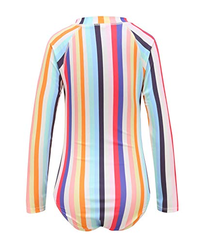 Image of Girls Long Sleeve Rash Guard One Piece Swimsuit Kids UPF 50+ Sun Protection Swimwear Rainbow Striped Bathing Suit 3-14 Years