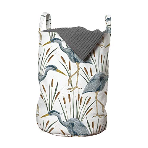 Lunarable Swamp Laundry Bag, Blue Grey Heron Birds and Bulrush Water Foliage Growth Wilderness Tropical Lands, Hamper Basket with Handles Drawstring Closure for Laundromats, 13