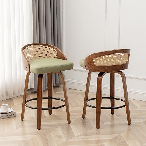 Image of 30 inch Swivel Rattan Bar Stools Set of 2 Mid-Century Modern Faux Leather Upholstered Bar Height Stools Kitchen Island Barstool with Rattan Low Backrest,Walnut Wood Finish Bar Chairs,Green PU