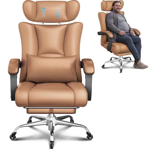 BASETBL Big and Tall Office Chair, Heavy Duty 440lbs 200kg Executive Computer Chair, 60cm Extra Wide PU Leather Ergonomic Desk Chair with Adjustable Headrest, Footrest & Lumbar Support, Brown