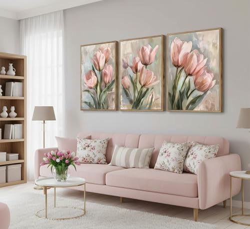 Image of 3 Pcs Vintage Pink Tulips Flowers Canvas Wall Art Retro Spring Pink and Green Floral Botanical Paintings Pictures Wall Decor Poster Print Artwork for Living Room Bedroom Home Decoration Unframed