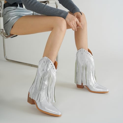 AIJIVOU Women's Rhinestone Fringe Cowgirl Ankle Boots, Sparkly Western Cowboy Boots Pointed Toe Knee Block Chunky Middle Heel Pull On Bling Tassel Booties for Women Girl Party3