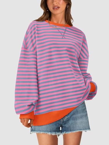 Image of PRETTYGARDEN Womens Striped Oversized Sweatshirt Color Block Crew Neck Long Sleeve Casual Loose Pullover Top Y2K Clothes