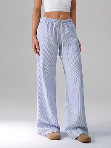 ZAFUL Casual Pants for Women, Pajama Pants Stripe Home Pants Palazzo Drawstring Waist Straight Leg3