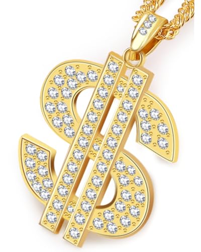 PinCute 18K Gold Plated Dollar Chain Necklace, Fake Gold Chain for Men, Dollar Sign Hip Hop Chain Necklace Pendant for Men and Women