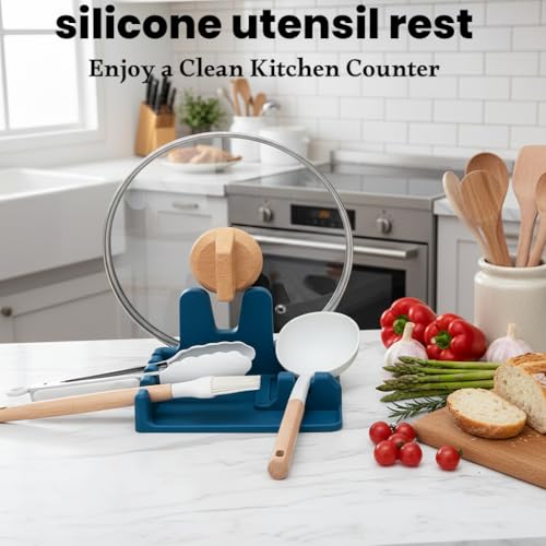Image of Auoon Silicone Spoon Rest with Lid Holder - 3 in 1 Kitchen Utensil Rest for Soup Ladles, Pot Lids, Spatulas, Spoons, Tongs, BPA Free & Dishwasher Safe, 8.26 x 8.06 Inch (Fog Blue, Large)