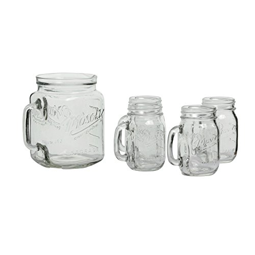 Mason Craft More Drinkware Collection- Durable Glass Leak Proof Beverage Glassware 5 Piece 05 Gallon Pitcher and Mug Set