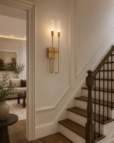 Image of Long Metal Wall Light, Double-Arrow Double Wall Sconce, Gold U-Shaped Fixture with Glass Shade, Contemporary Indoor Lighting for Bedroom, Living Room, Home Decoraiton with Bulbs, Golden