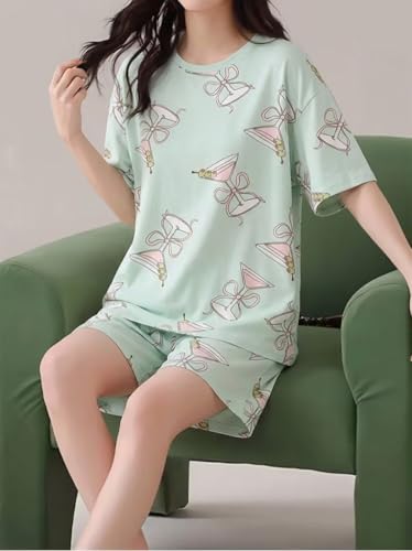 Image of Korean Night Dress |Shorts Set |Round Neck Half Sleeve Nightsuit |Premium Cotton Blend Stylish Digital Printed Pajama Co-ords |Matching 2 Piece Sleepwear Nightwear Cute Pjs |Casual Lounge Sets