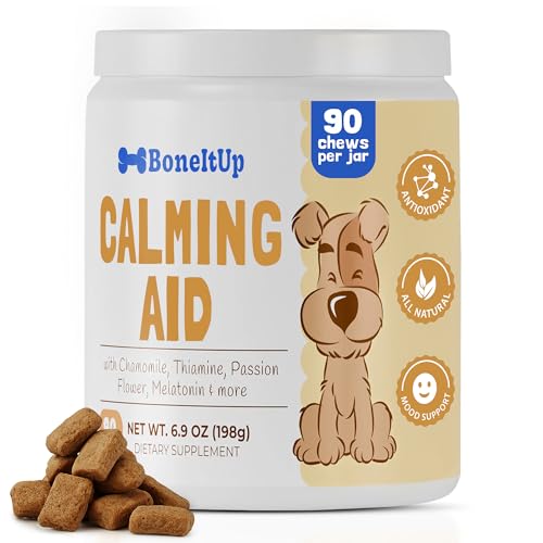 BoneItUp Pet Calming Chews for Dogs - Helps with Separation, Anxiousness, Thunderstorms & More - Natural Dog Calming Treats with Chamomile, L-Tryptophan & Melatonin for Balanced Mood & Sleep (90 Ct)