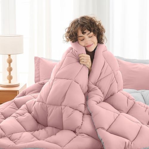 Twin Comforter Set 5 Pieces, Reversible Bed in a Bag, Pink/Light Grey - image 2