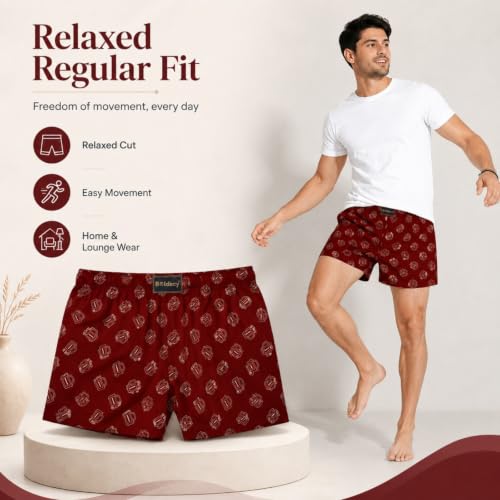 Image of Men's Ultralight Cotton Printed Boxer Shorts | Regular Fit | Soft Cotton Fabric with Microfibre Waistband for All-Day Comfort (Maroon-Dark Blue-L)
