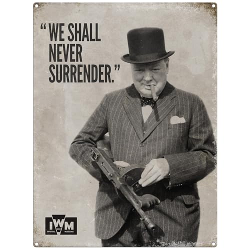 Metal Sign - Official Imperial War Museum (Churchill - We Shall Never Surrender, 15 x 20 cm)