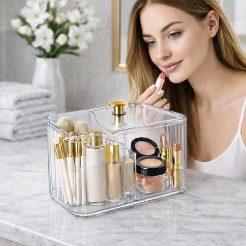 Image of KiZY Cotton Swab Holders, Acrylic Cotton Pad Holder, Qtip Holder with Lid, for Bathroom Canister Storage Organization, Vanity Cosmetic Makeup Organizer (Transparent Pack-2, B)