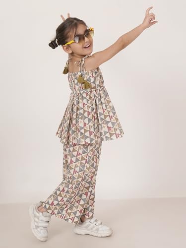 Image of FABRIC FITOOR Kids Cotton Grey Colour Geomatric Print Top & Palazzo Set /Co-ord Set For Girls